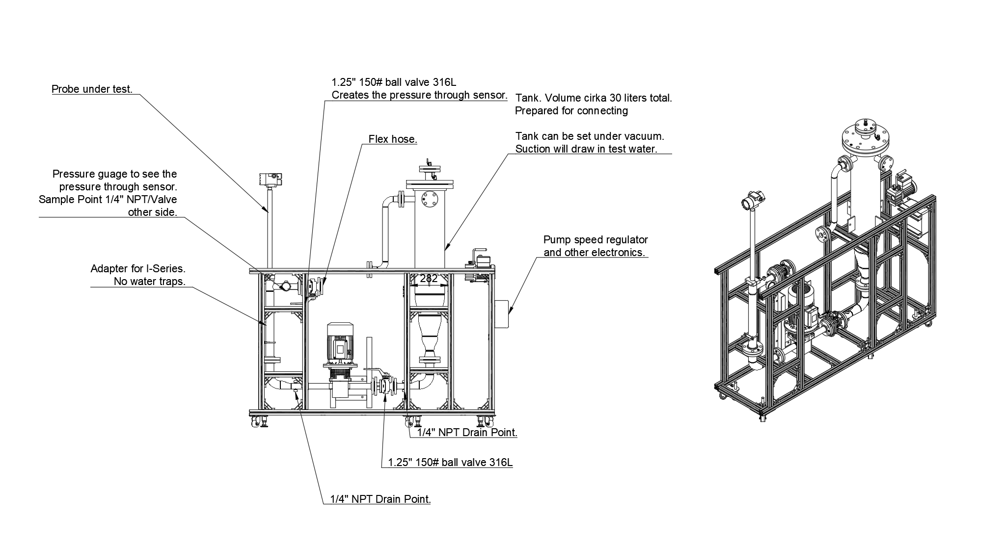 Test loop schematic and photograph showing the ZT-100TEG installed in the 1.25 inch flow loop with 30 litre tank